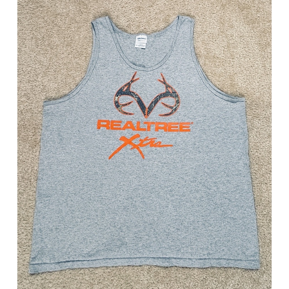Gildan Realtree Xtra Mens XL Sleeveless Hunting Shirt Gray Camo Logo Muscle Tank